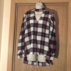Zara High/low Plaid Shirt with Choker Detail